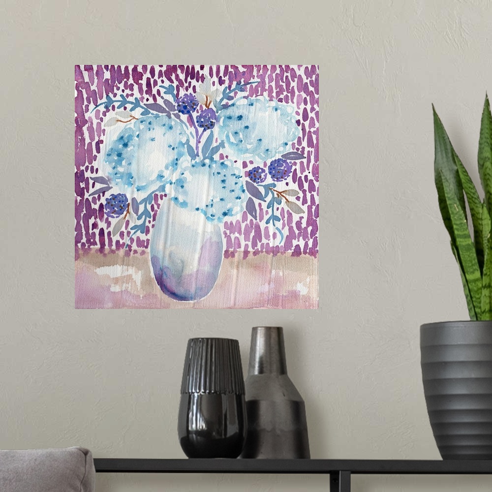 A modern room featuring Watercolor art print of a bouquet of pale blue hydrangeas in a tall vase.