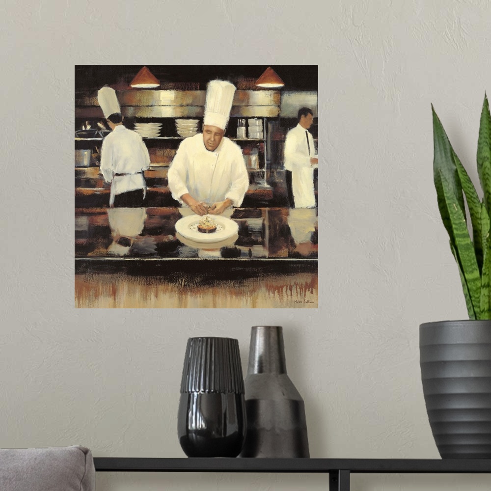 A modern room featuring Contemporary painting of chefs preparing a gourmet meal and a waiter.