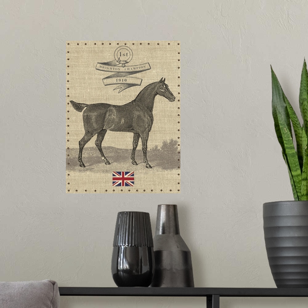 A modern room featuring Contemporary equestrian art incorporating the union jack flag.