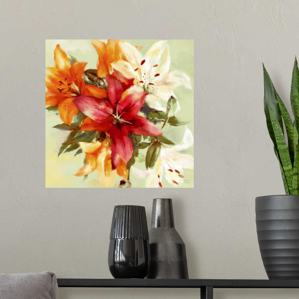 A modern room featuring Home decor artwork of a bouquet of a golden yellow and fiery red lilies.