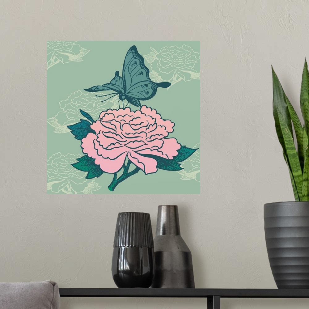 A modern room featuring Illustration of a butterfly on a pink flower, in a vintage style.