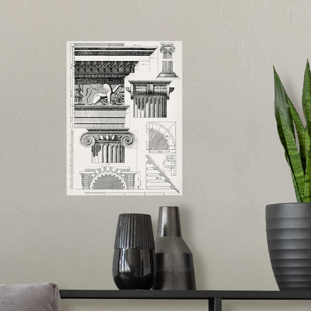 A modern room featuring Black and white architectural illustration and blueprint of detailed columns with numbered measur...