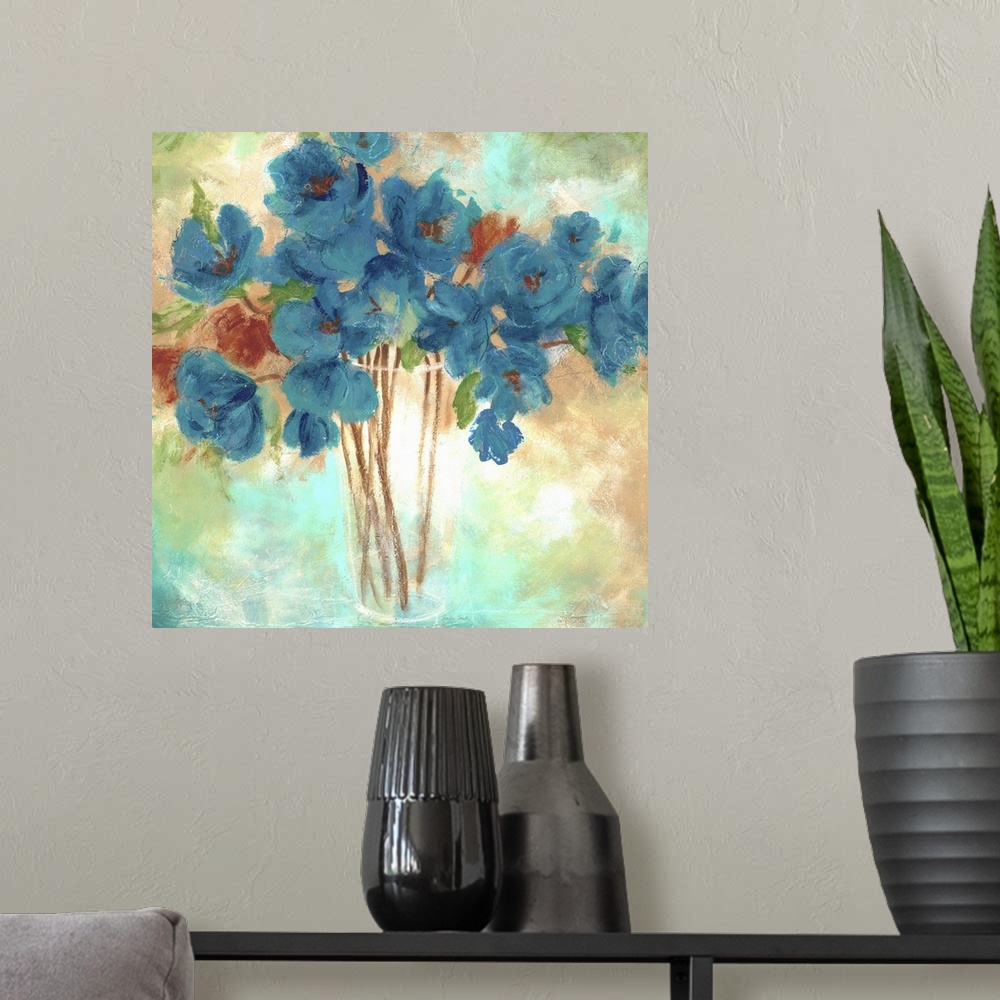 A modern room featuring Aqua toned painting of a bouquet of flowers in a glass vase.