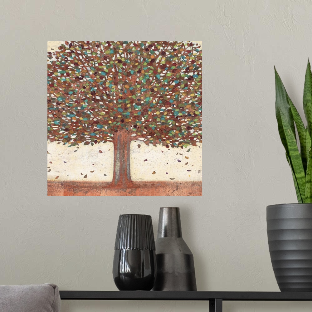 A modern room featuring Contemporary home decor artwork of a big tree with bronze colored foliage.