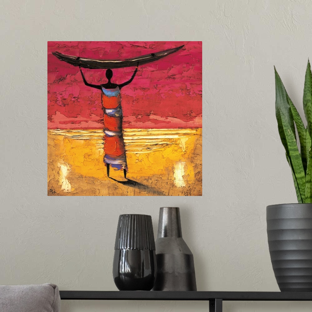 A modern room featuring Contemporary painting of a tribal figure holding a boat above head.