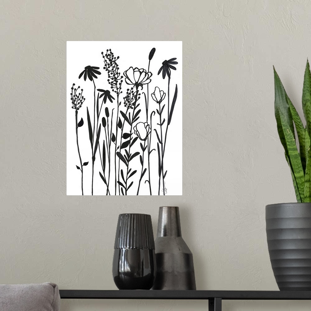 A modern room featuring Simple black and white illustration of long-stemmed flowers.