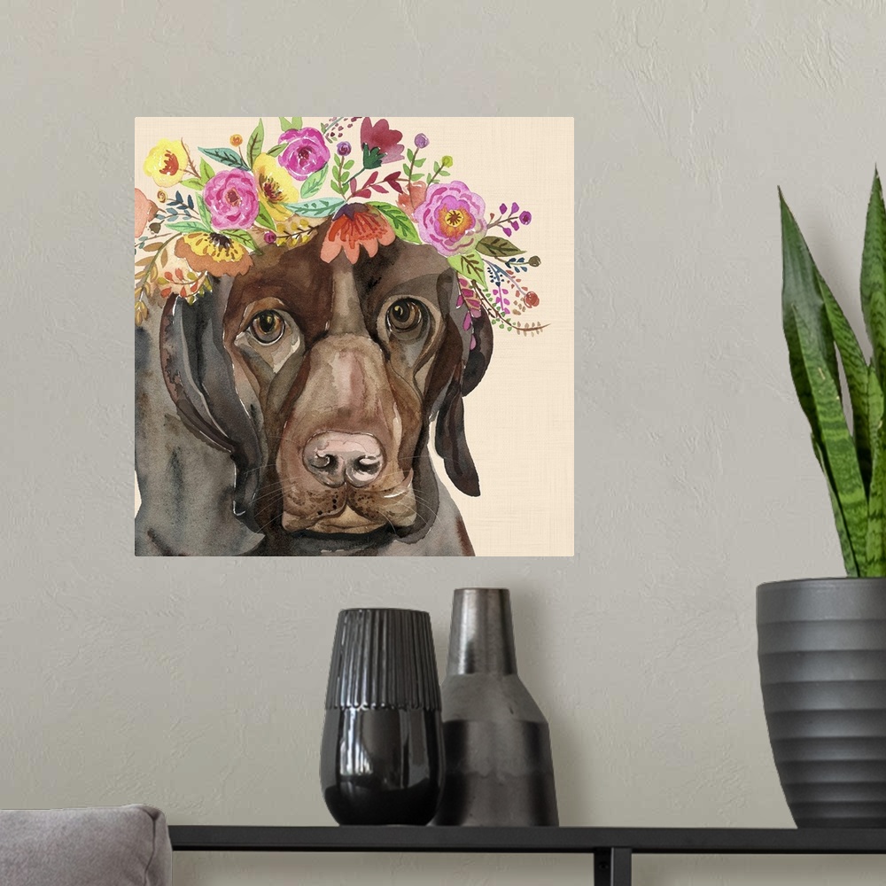 A modern room featuring A contemporary painting of a chocolate lab wearing a wreath of colorful flowers.