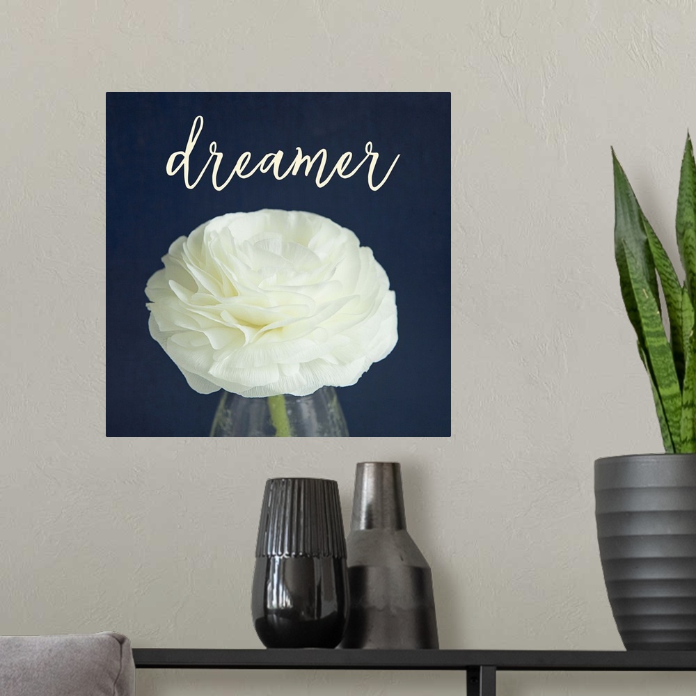 A modern room featuring A white flower in a glass vase with the word "dreamer" above it.