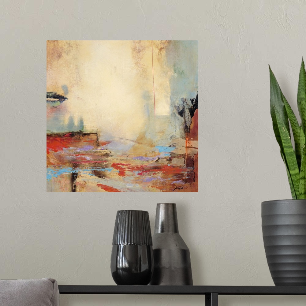 A modern room featuring Contemporary abstract artwork using warm and cool tones in a harsh jagged motion.