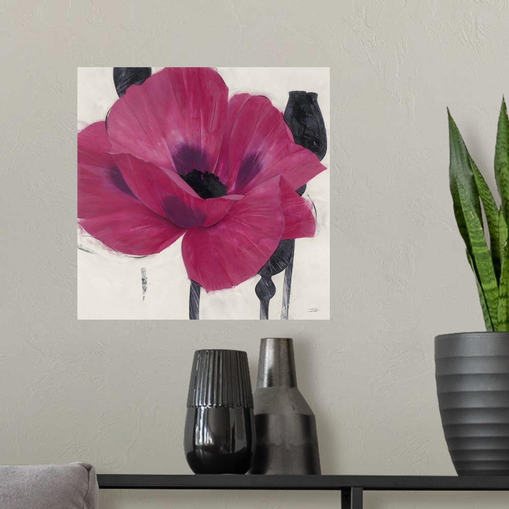 A modern room featuring Contemporary home decor painting of a close-up of a purple poppy.