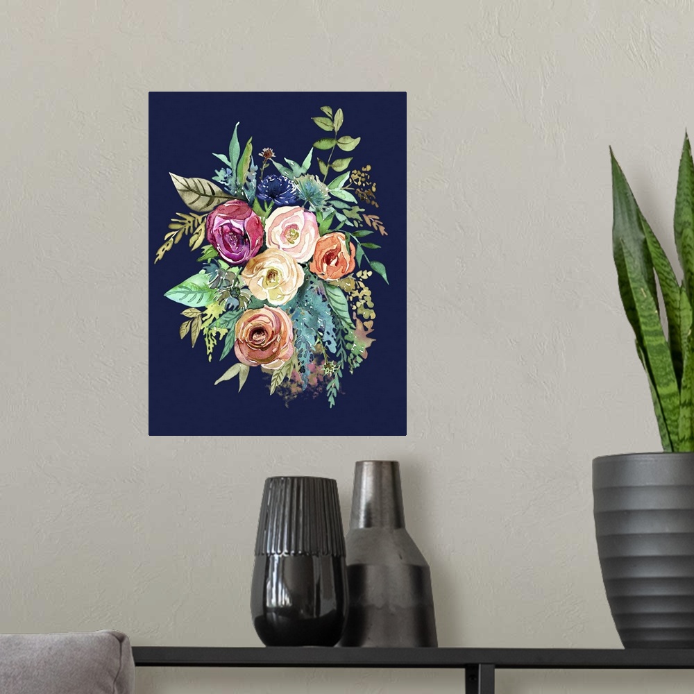 A modern room featuring Watercolor painting of a bright bouquet of flowers on dark navy.