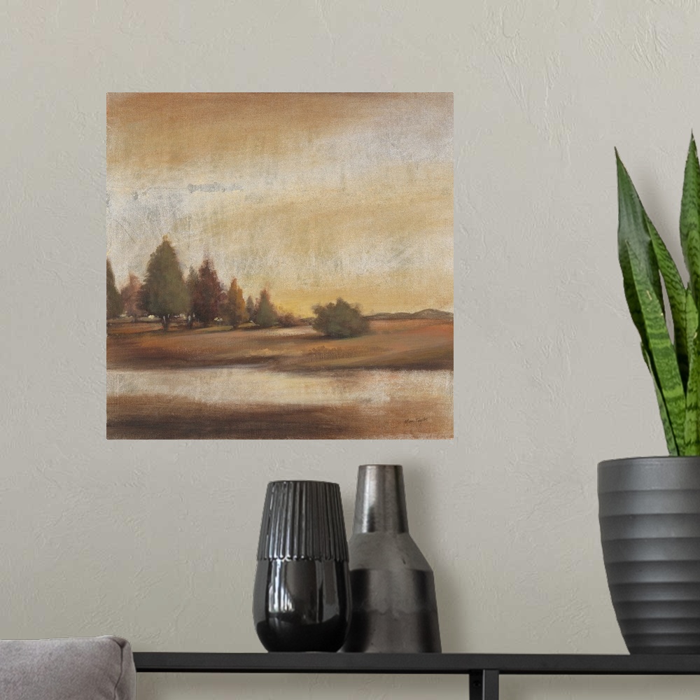 A modern room featuring Contemporary painting of a countryside clearing.