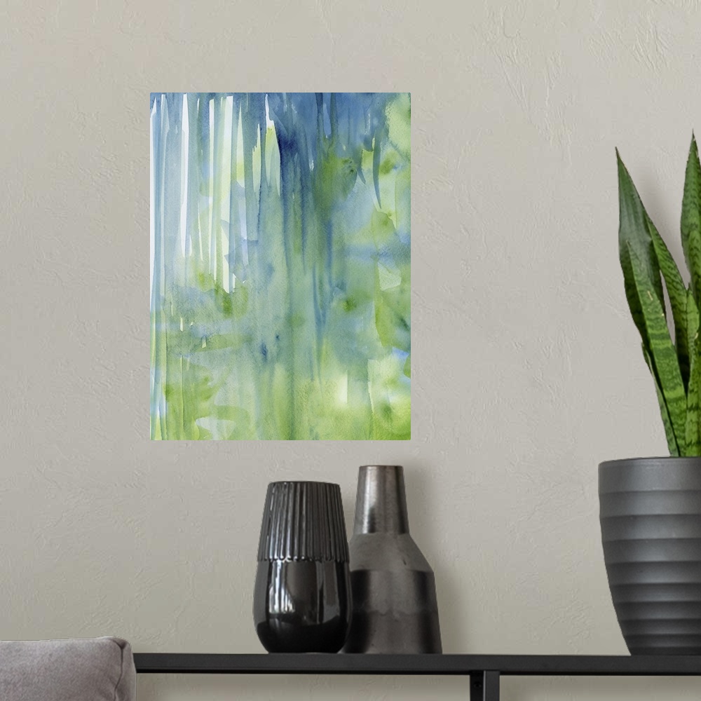 A modern room featuring Contemporary abstract painting using green and blue watercolor drips.