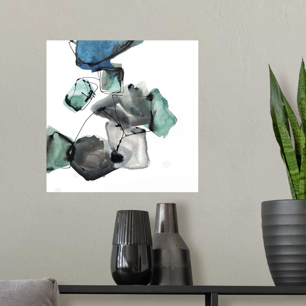 A modern room featuring Abstract artwork in grey and turquoise shapes resembling a collection of gemstones.