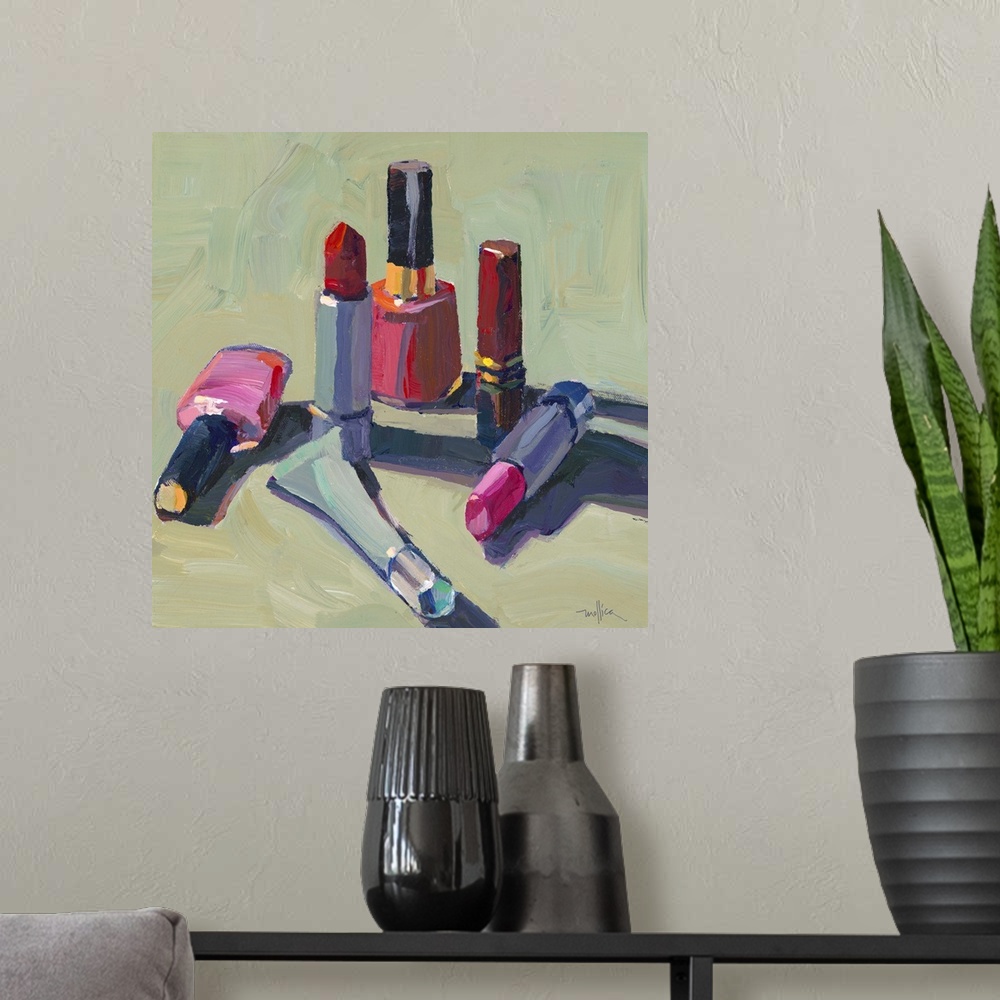 A modern room featuring Contemporary painting of a different lipstick liners and nail polishes.