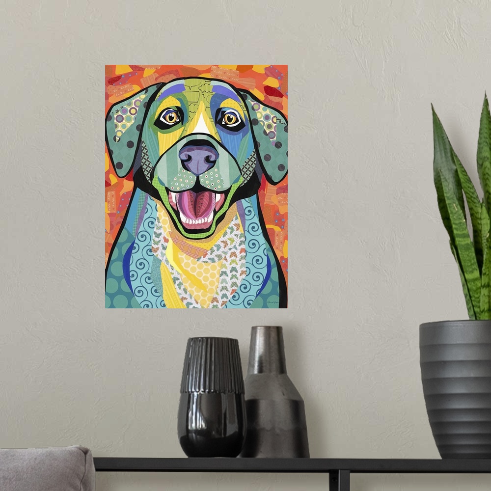 A modern room featuring Colorful collage artwork of an excited Labrador Retriever.