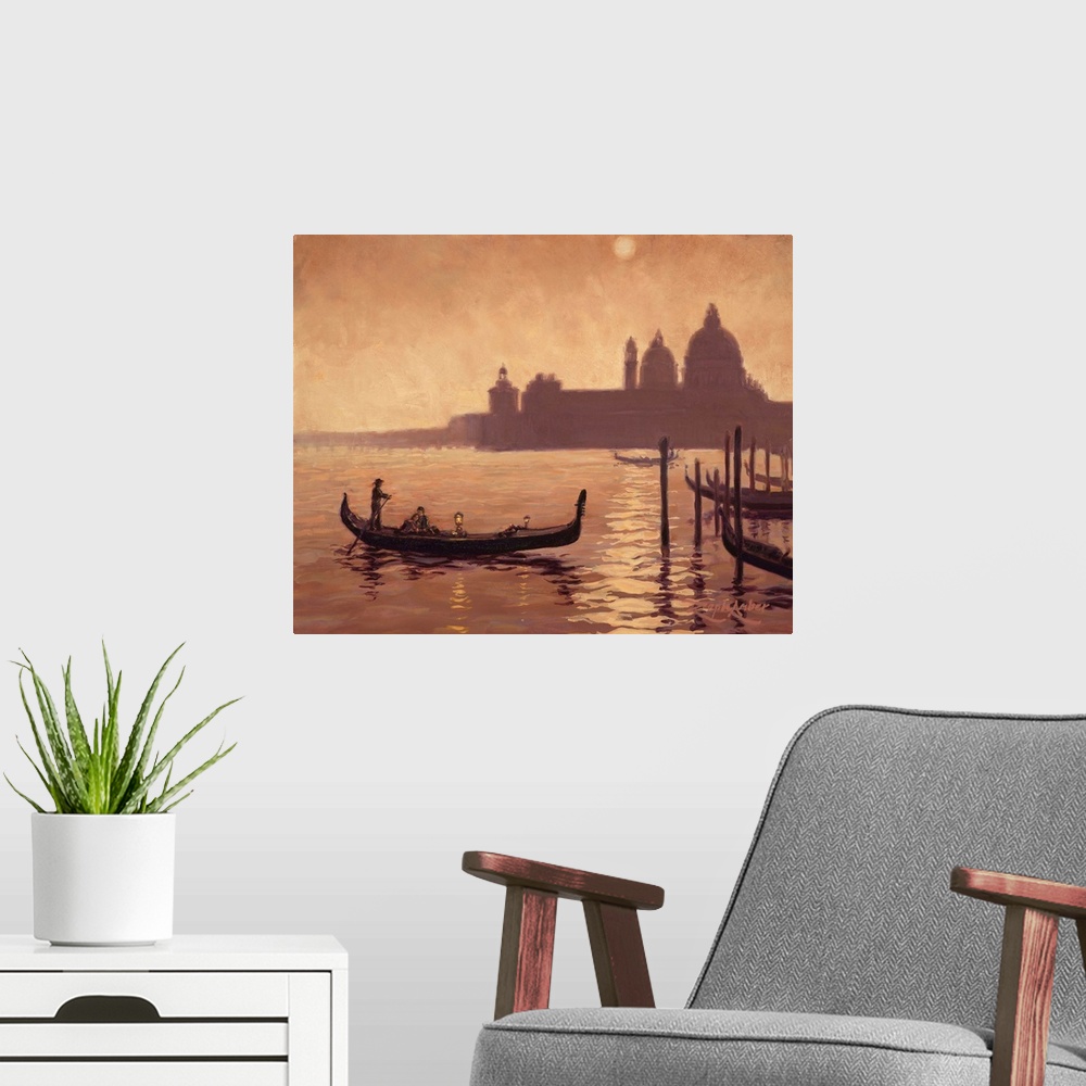 A modern room featuring Contemporary painting of a couple in a loving embrace in a gondola riding along a Venetian canal.