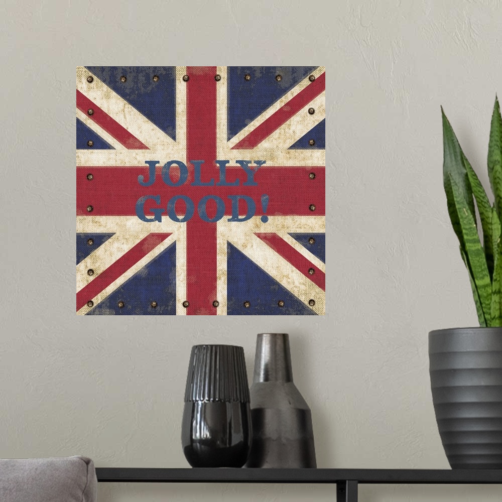 A modern room featuring Contemporary Union Jack flag art with a rustic feel.