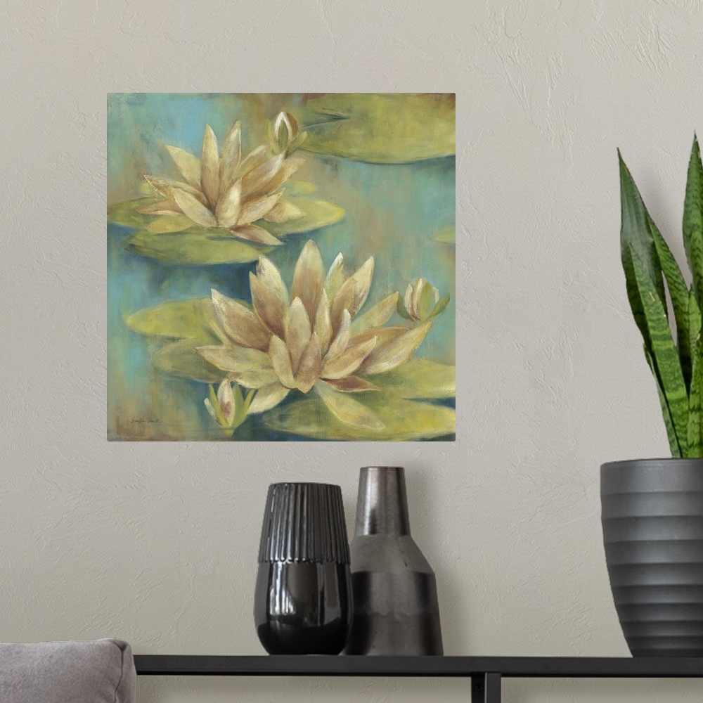 A modern room featuring Square painting of two water lily flowers floating in the water.