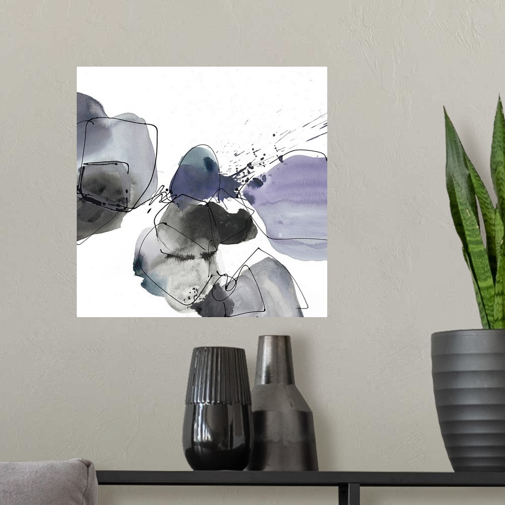 A modern room featuring Contemporary abstract painting of organic grey and lavender shapes with black outlines on white.