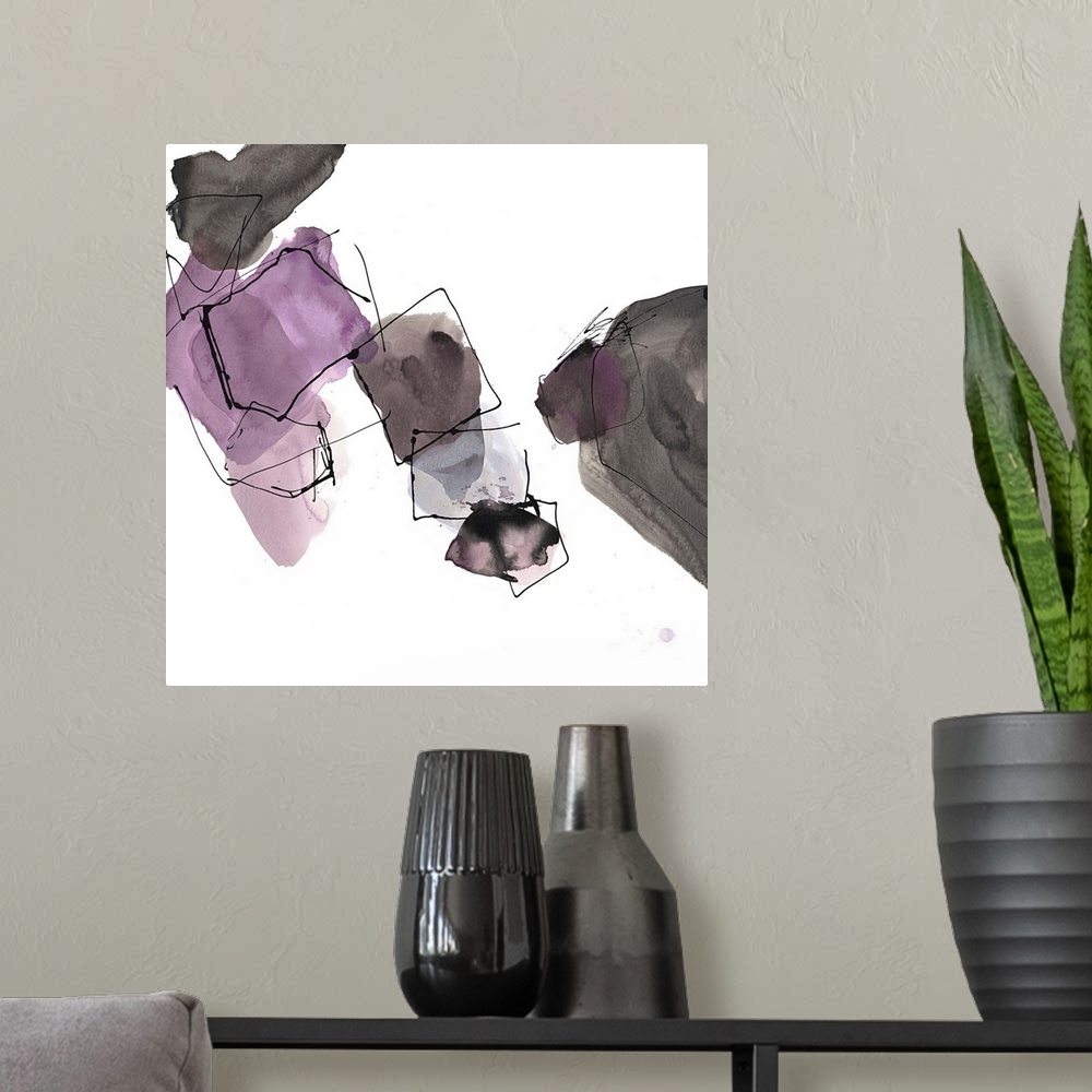 A modern room featuring Contemporary abstract painting of organic grey and pink shapes with black outlines on white.
