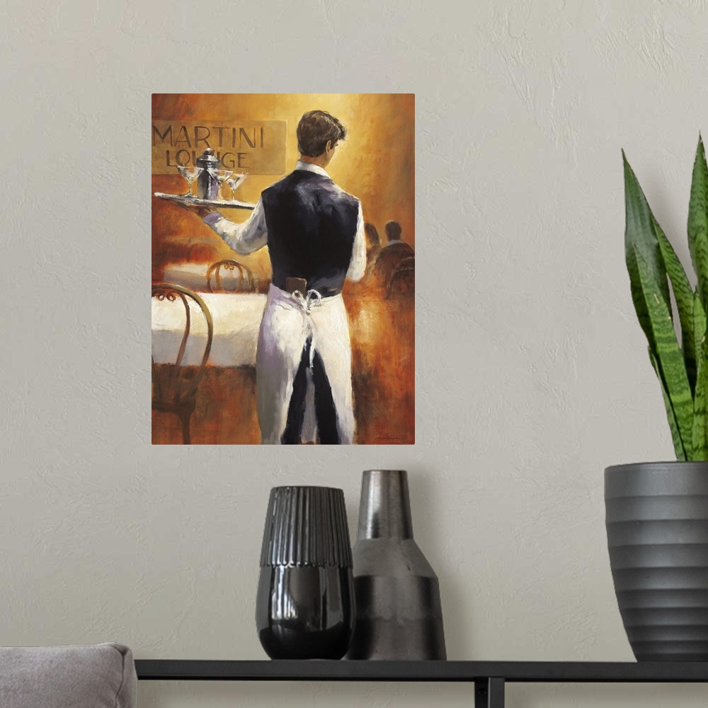 A modern room featuring Contemporary painting of a waiter holding a serving tray of cocktails.