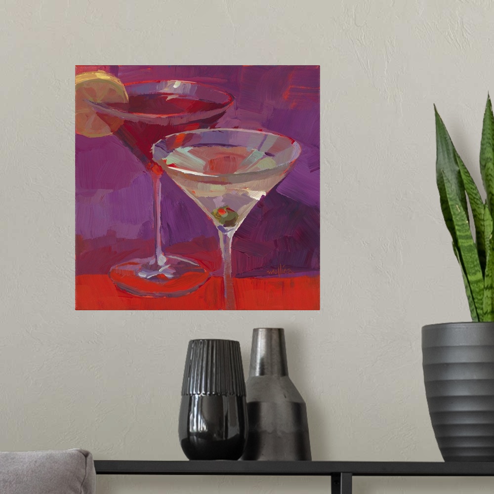 A modern room featuring Contemporary painting of colorful cocktails against a dark purple and red background.
