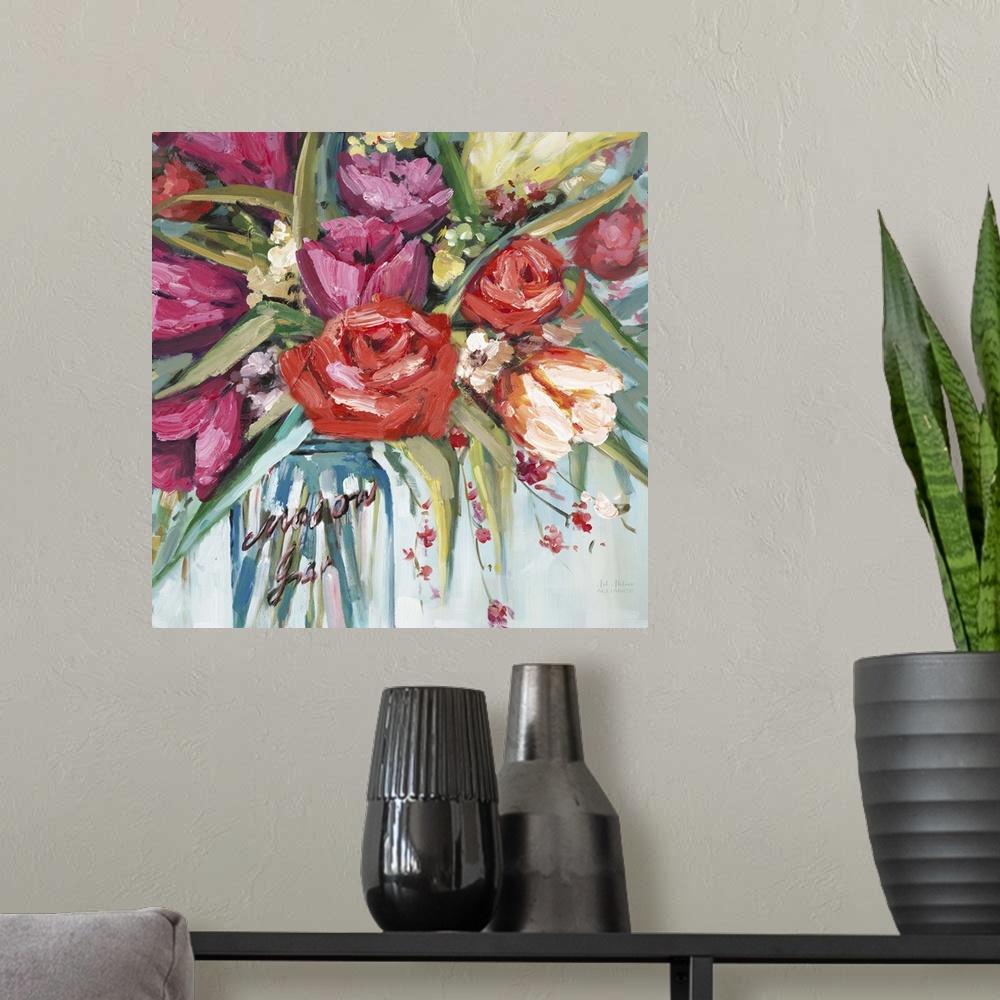 A modern room featuring Contemporary artwork of a bouquet of a colorful flowers in a mason jar.