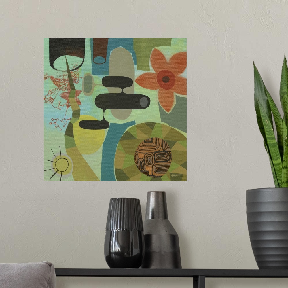 A modern room featuring Contemporary painting with a retro feel of colorful shapes and patterns.