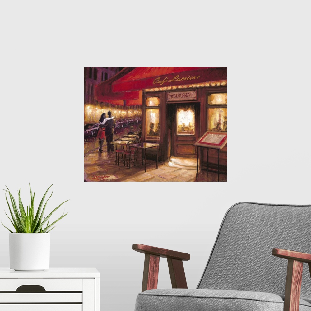 A modern room featuring Contemporary painting of a couple in a loving embrace walking by a cafe at night.