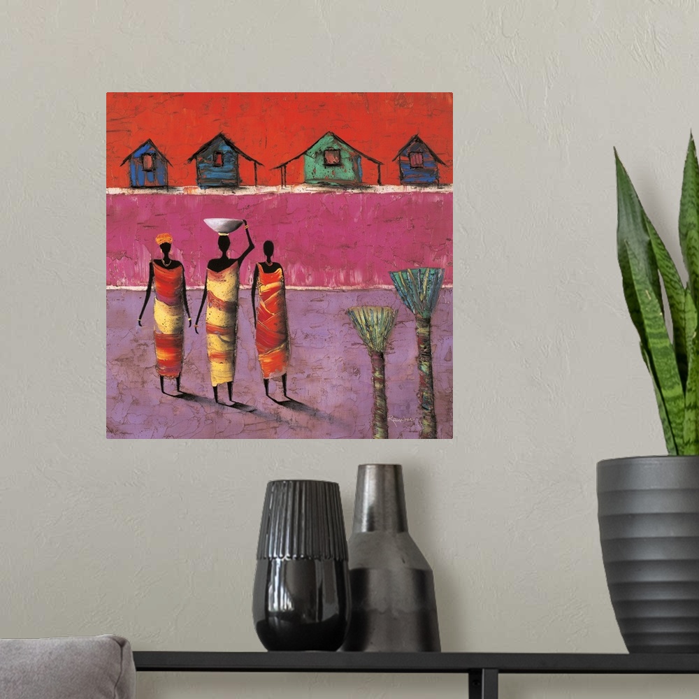 A modern room featuring Contemporary painting of three figures standing in front of colorful houses in the background.