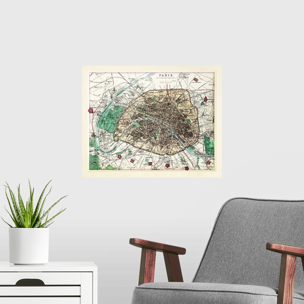 A modern room featuring Vintage map of Paris, France and its surrounding fortifications.