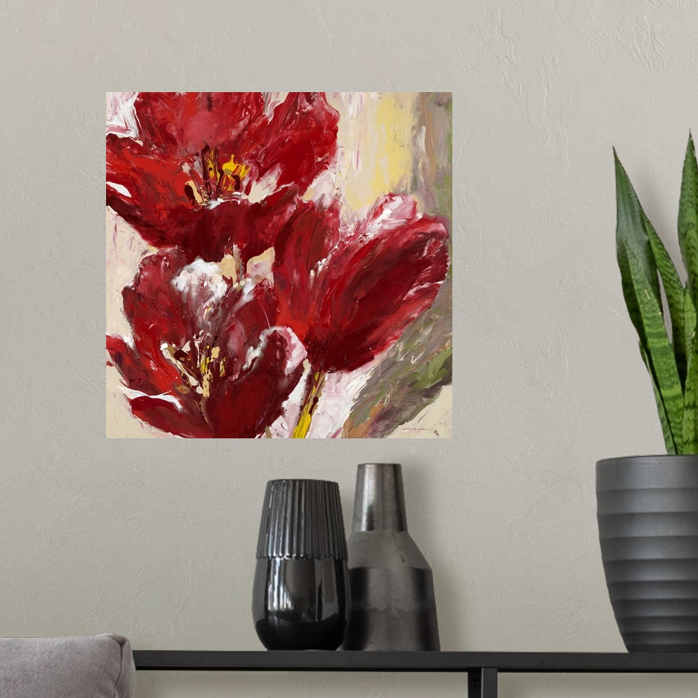 A modern room featuring Contemporary painting of vibrant red tulip flowers.