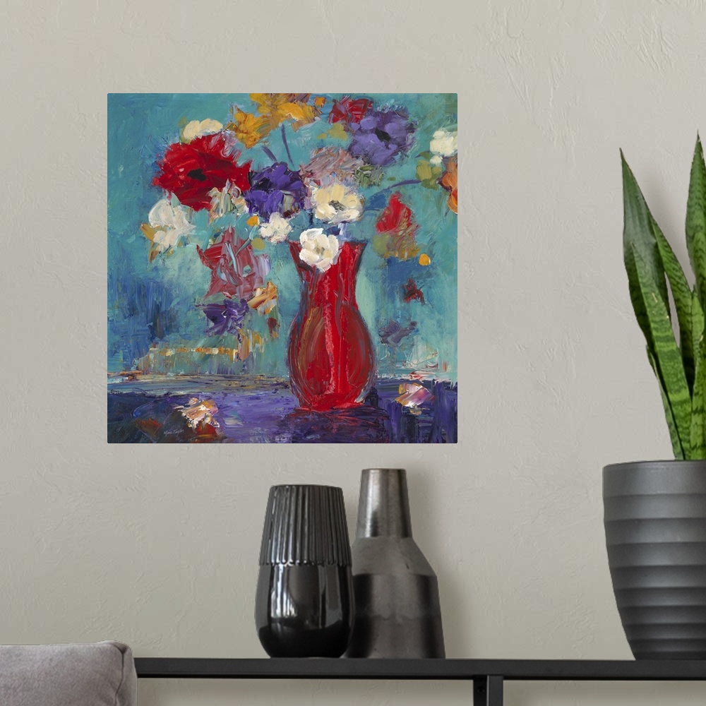 A modern room featuring Contemporary still life painting of a red vase filled with colorful flowers.