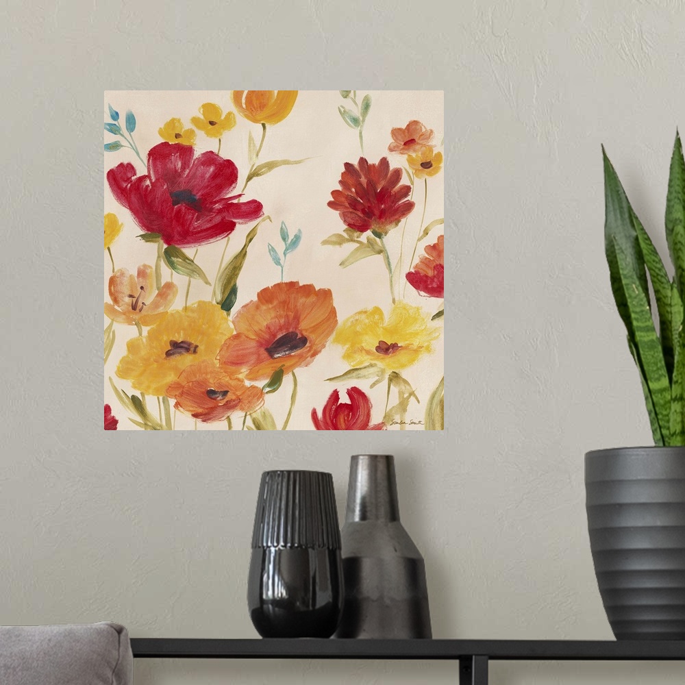 A modern room featuring Colorful painting of several bright poppy flowers on a light background.