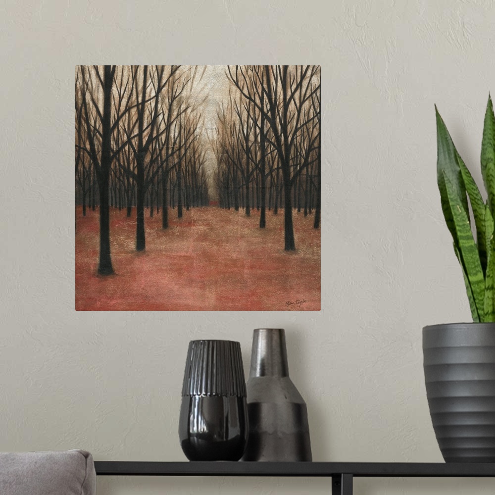 A modern room featuring Contemporary painting of a dark forest with black bare trees on a red forest floor.