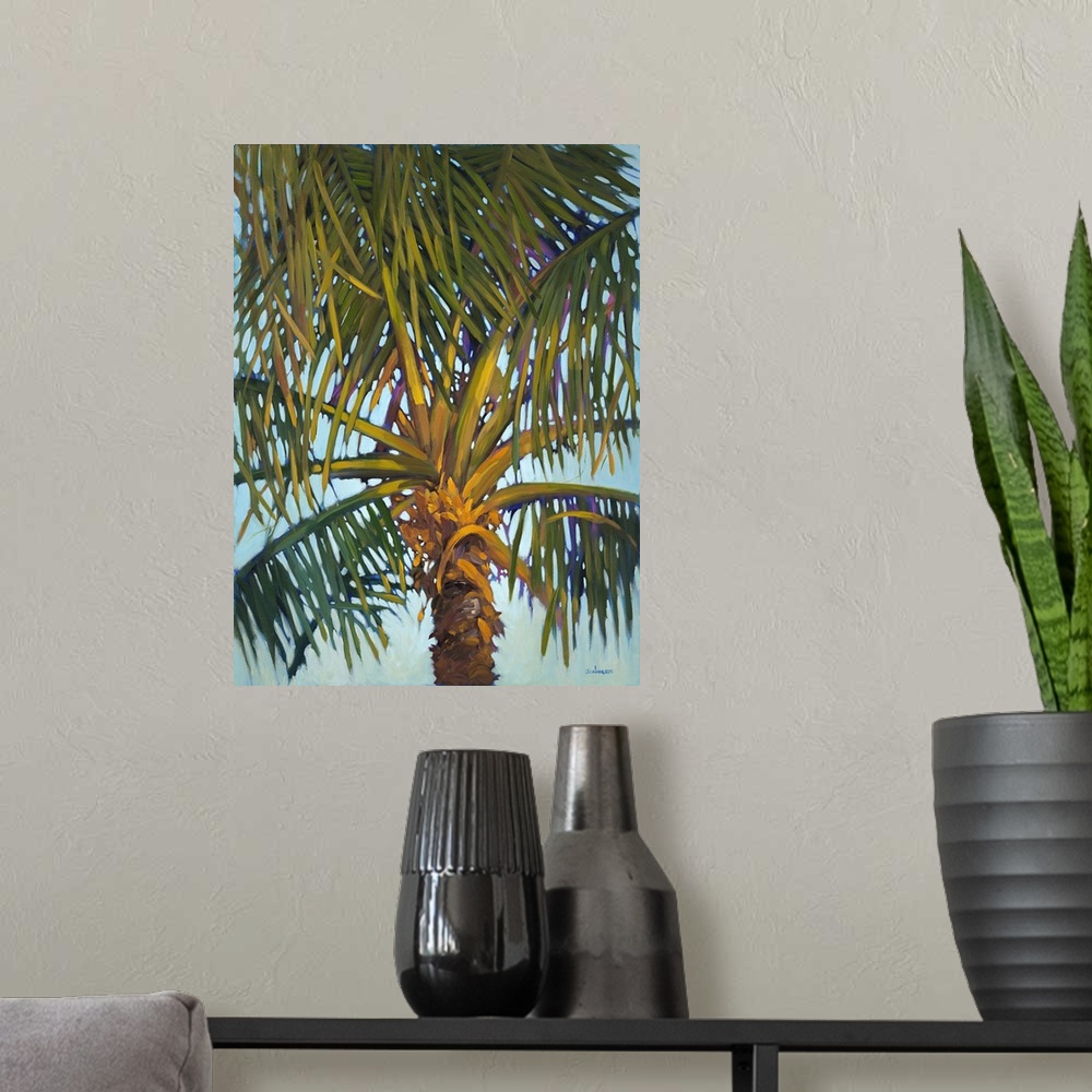 A modern room featuring Contemporary colorful painting of a tropical palm tree.