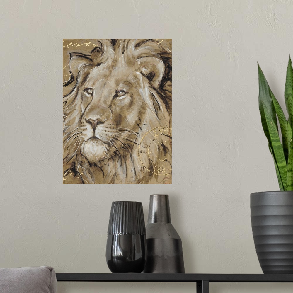 A modern room featuring Portrait of a lion in brown tones with golden writing.