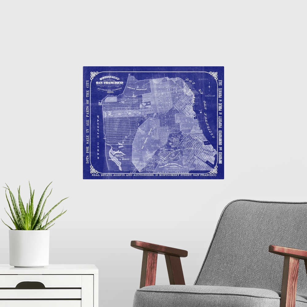 A modern room featuring Vintage blueprint-style map of San Francisco and the bay.