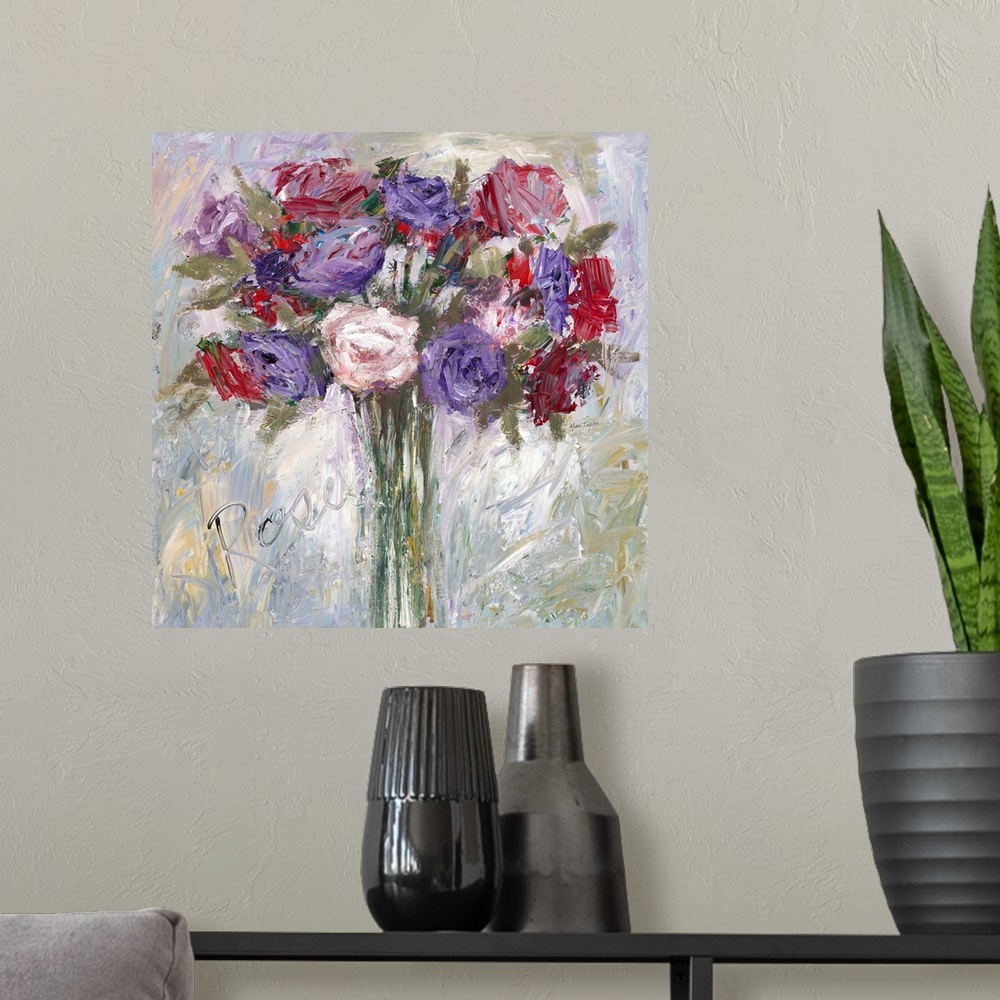 A modern room featuring Contemporary still life painting of a bouquet of colorful flowers in a vase.