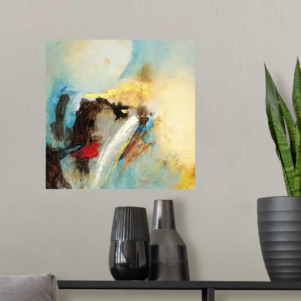 A modern room featuring Contemporary abstract artwork using warm and cool tones in a smooth fluid motion.