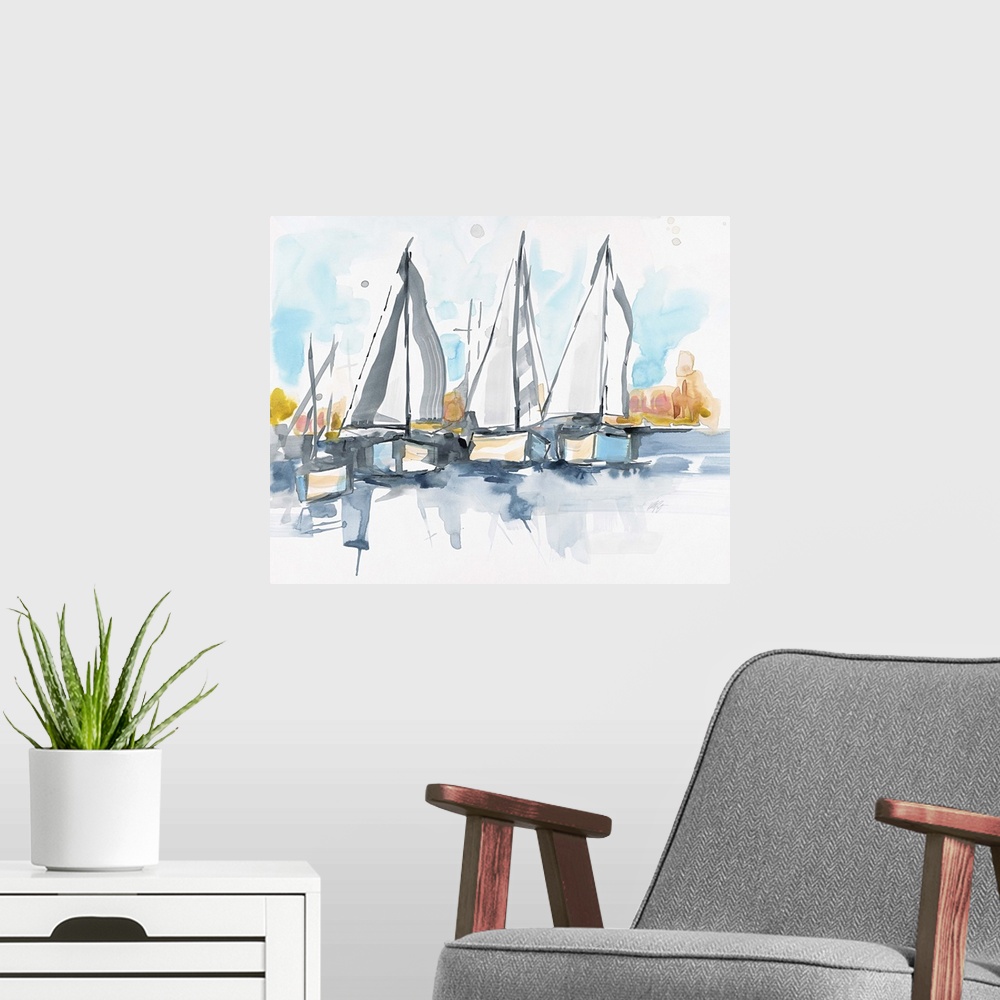 A modern room featuring Watercolor painting of three sailboats on the water.