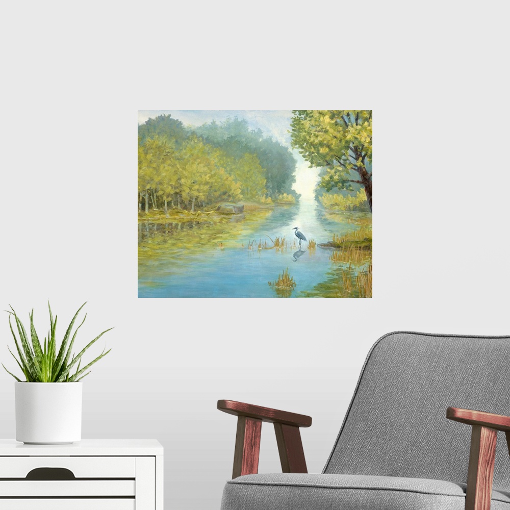 A modern room featuring Painting of a herons standing in a shallow river in a forest landscape.