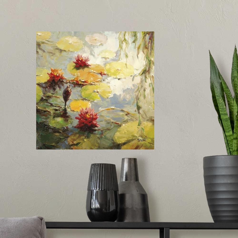 A modern room featuring Contemporary painting of several water lilies and lily pads floating in a pond.