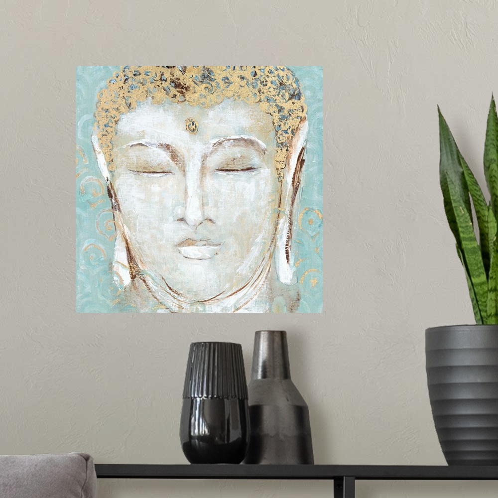 A modern room featuring Illustration of the face of Buddha with closed eyes, with golden details.
