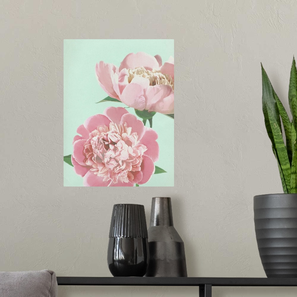 A modern room featuring Large illustration of two pink peonies close up on a pale blue background.