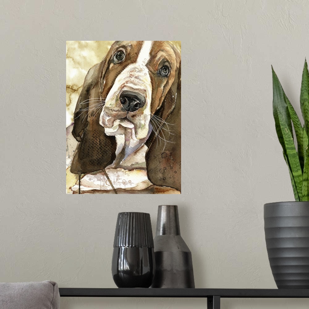 A modern room featuring Contemporary painting of a close-up of a basset hound.