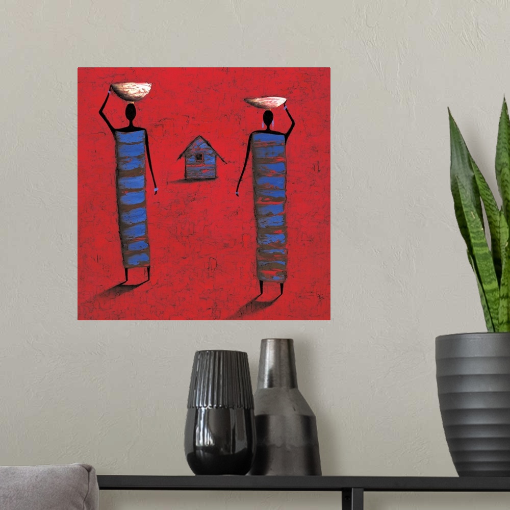 A modern room featuring Contemporary painting of two tribal figures carrying food, against a red background.