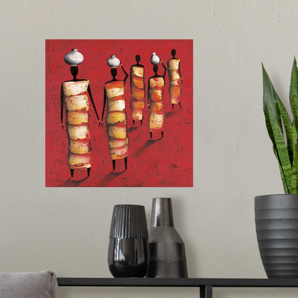 A modern room featuring Contemporary painting of tribal women with jugs on their heads against a red background.