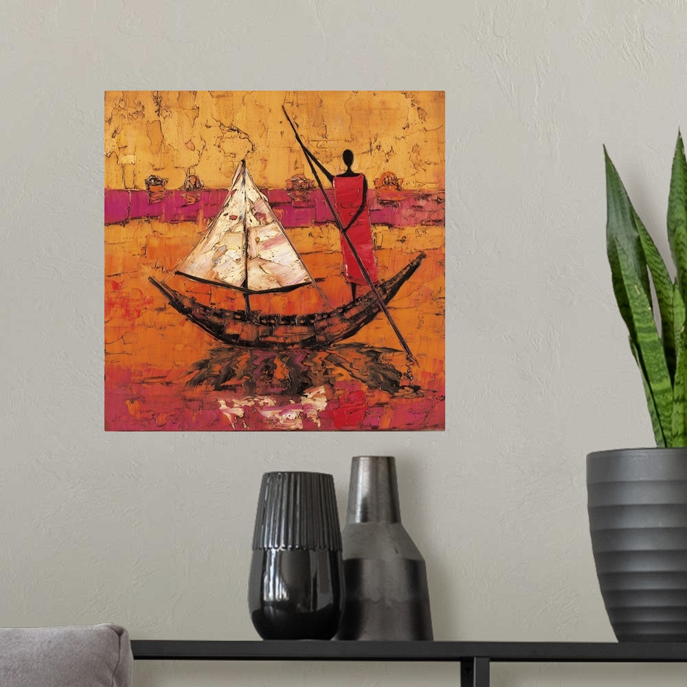 A modern room featuring Contemporary painting of a tribal figure standing on a boat casting a reflection in the water.